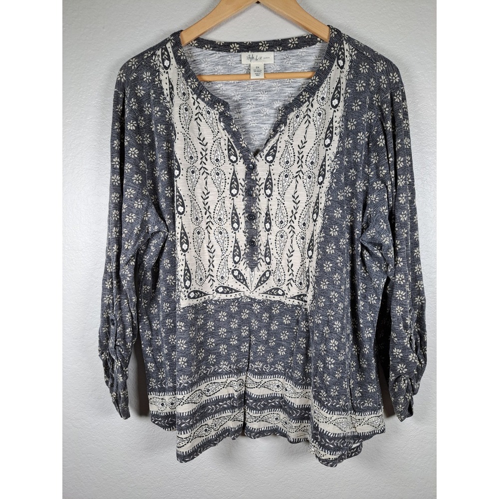 Style & Co Woman 2X Navy Blue Floral Paisley Henley Roll Tab Sleeve Blouse